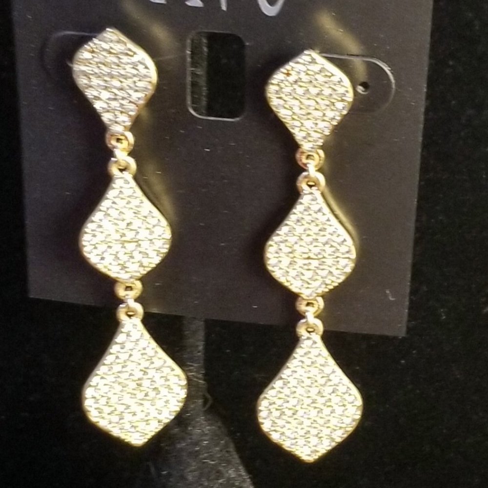 INC Triple Drop Teardrop Gold & Crystal Earrings